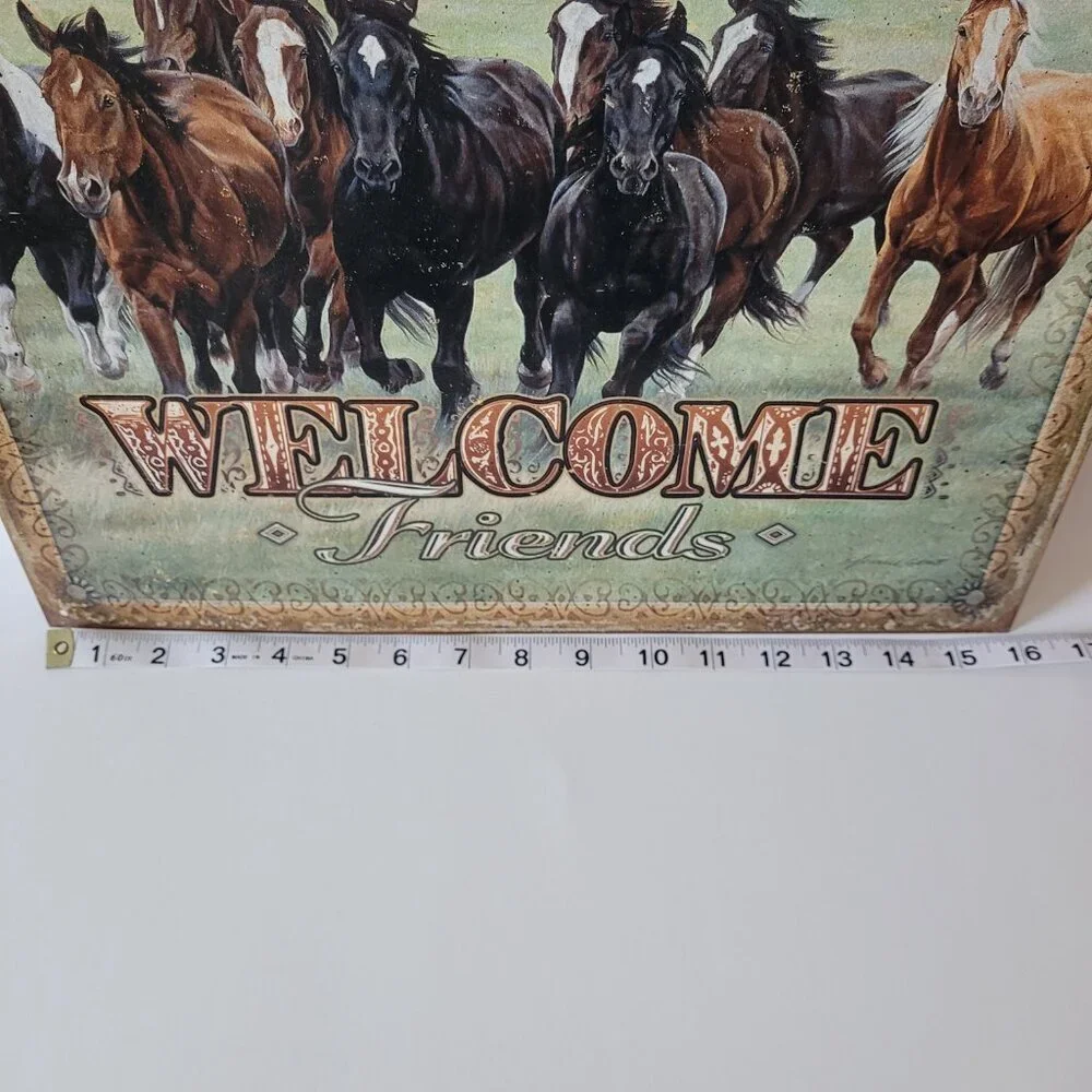 Running Horses Rustic Metal Tin Sign Welcome Friends Western Decor 16